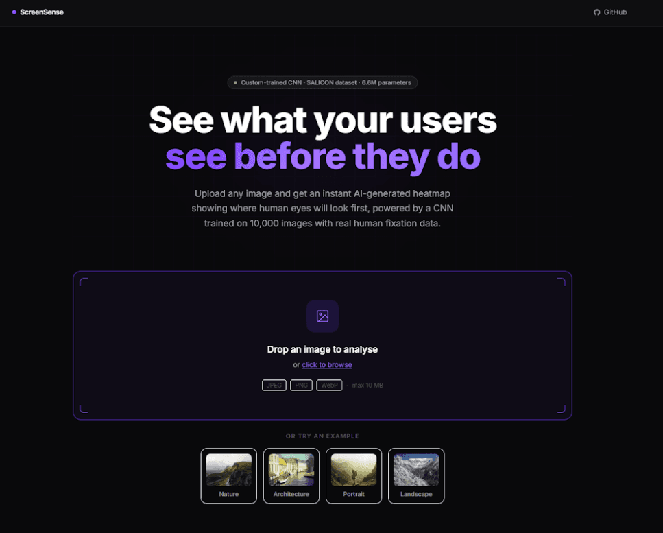 ScreenSense landing page showing the drag-and-drop upload interface